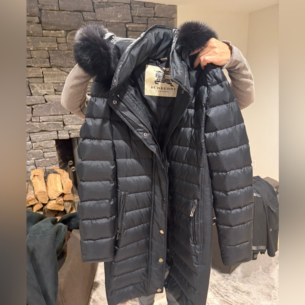 Black Burberry Mid Length Puffer Coat With Fur Hood and Belt NWT